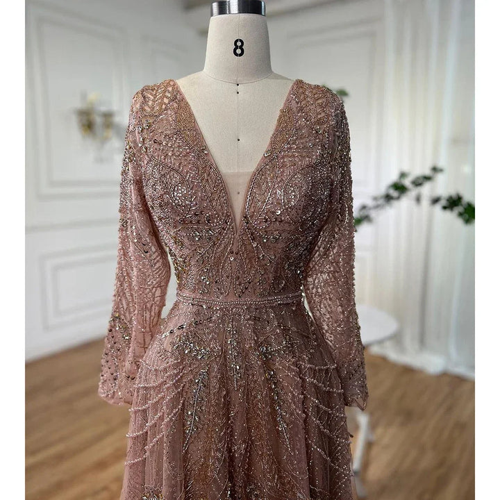 Serene Hill Ccustomized Rose Gold Long Sleeves A-Line Beaded Evening Party Gowns Mother of the Bride Dress DLA70287L