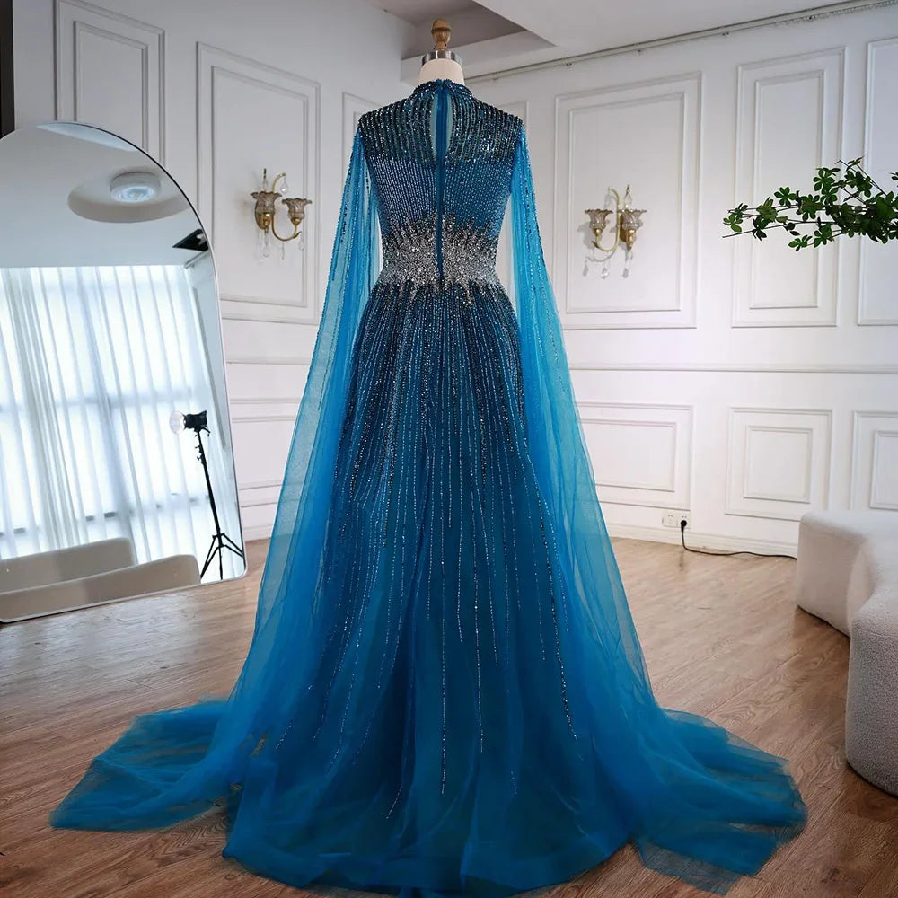 Elegant Modest Blue Beaded Evening Dress with Cape Sleeves Dubai Gown Zapdress 2025 Customized DLA73059