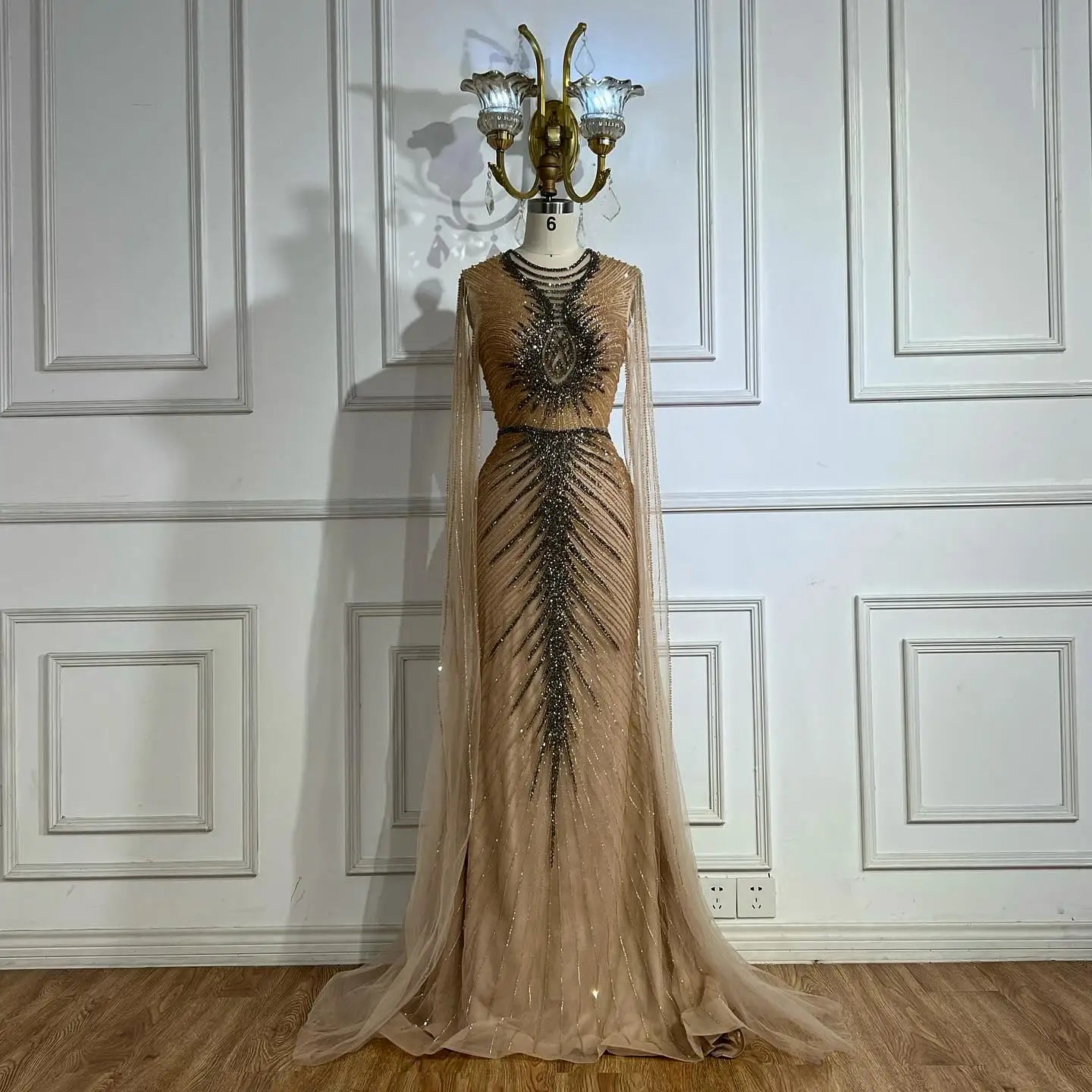 Serene Hill Luxury Beaded Mermaid Evening Dresses with Cape Sleeves Caramel Formal Party Gown for Women Customized DLA72940