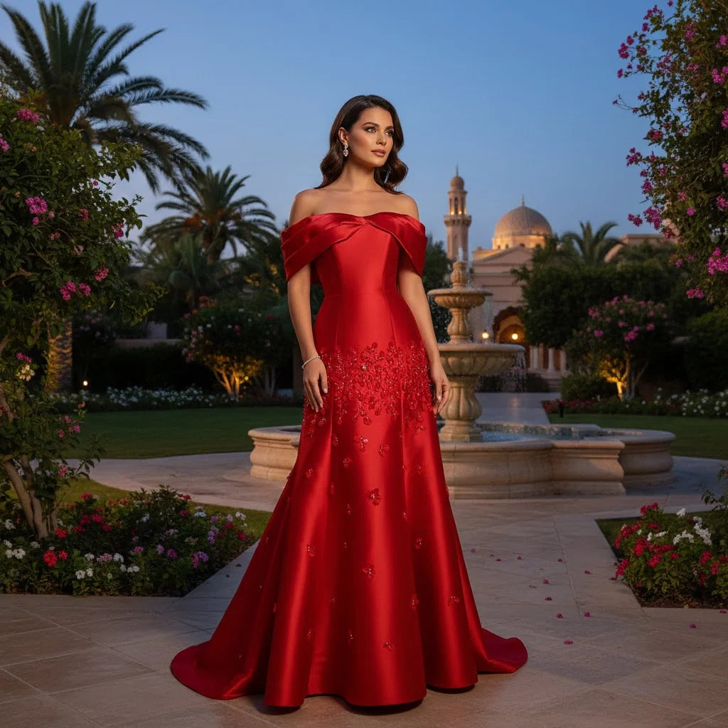 Zapdress Customized Elegant Red Off-Shoulder Evening Gowns with Floral Satin Arabic Party Prom Dress for Women (ZD17365)