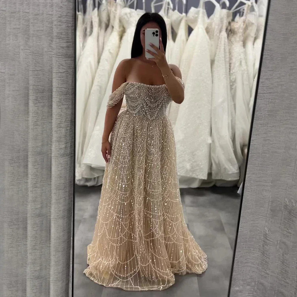 Zapdress 2025 Customized Dubai Olive Green A Line Off Shoulder Evening Dresses With Pearl Beaded Design For Party DLA72738A (ZD17321)