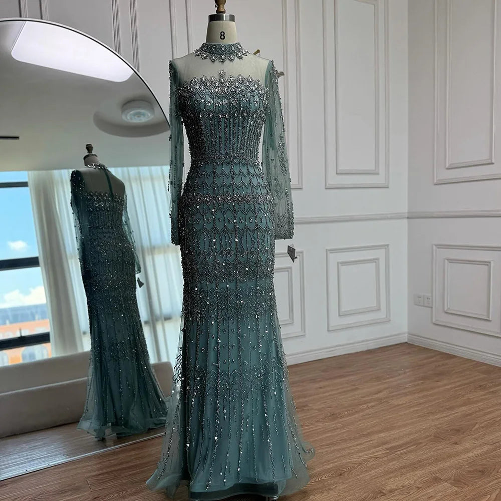 Serene Hill High Neck Long Sleeves Beaded Mermaid Evening Dress Muslim Wedding Party Gowns for Women DLA72714C Customized