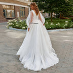 ZapDress Plus Size Long Wedding Dress Puff Sleeves V Neck Sweep Train A Line Tulle Robe De Mariage Bridal Dress Customized