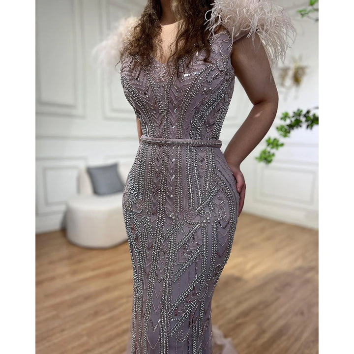 Serene Hill Customized Lilac Feathers Beaded Mermaid Evening Dresses 2025 Elegant Party Gowns for Women DLA70830
