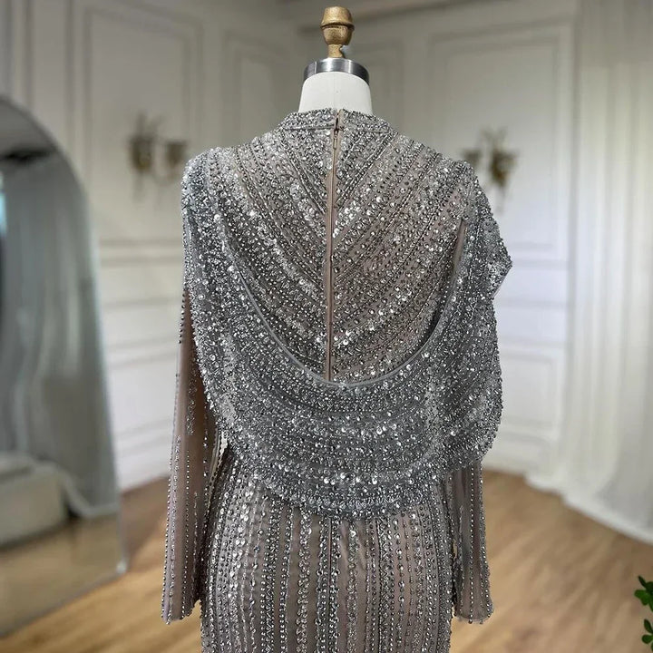 Serene Hill 2025 Muslim-inspired Silver Nude Beaded Sparkle Elegant Mermaid Evening Dresses Gowns for Party DLA70752H Customized