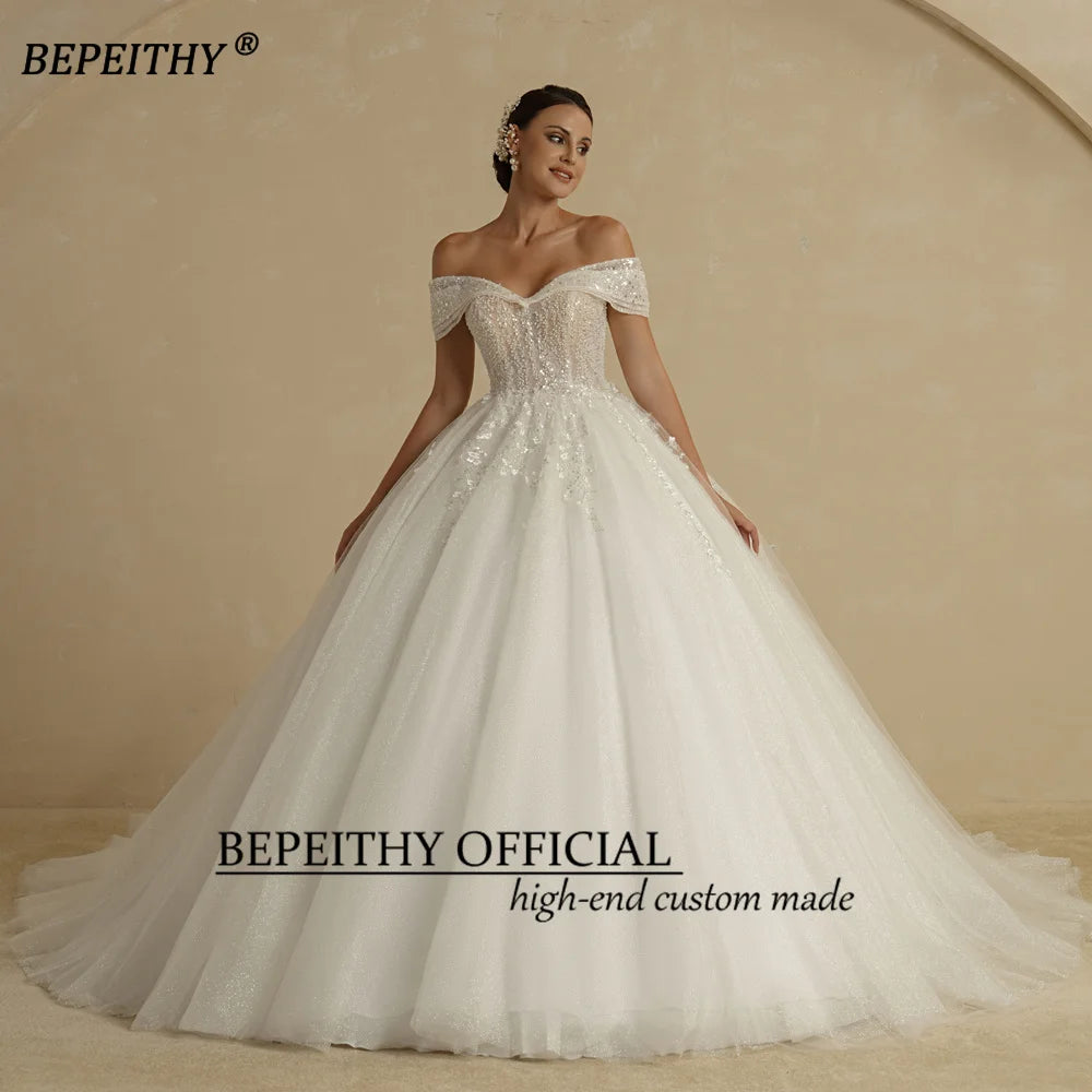 BEPEITHY Customized Plus Size Princess Wedding Dresses 2026 For Bride Off Shoulder Sleeveless Women Glitter Ball Bridal Gown