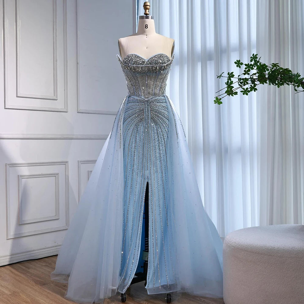 Serene Hill Customized 2025 Pink Crystal Beaded Saudi Mermaid Evening Dresses Gowns with Overskirt for Formal Occasion DLA72811