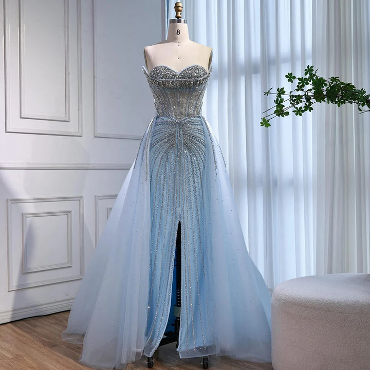Serene Hill Customized 2025 Pink Crystal Beaded Saudi Mermaid Evening Dresses Gowns with Overskirt for Formal Occasion DLA72811