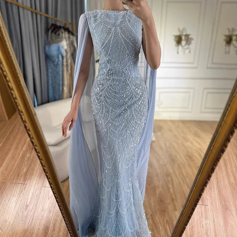 Elegant Dubai Sage Green Mermaid Evening Dress with Cape Sleeves Beaded Formal Gown Zapdress 2025 Customized DLA72160A (ZD17330)
