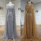 Zapdress Customized 2026 Gray Arabic Mermaid Beaded Evening Dresses With Detachable Long Cape For Formal Occasion (ZD17340)