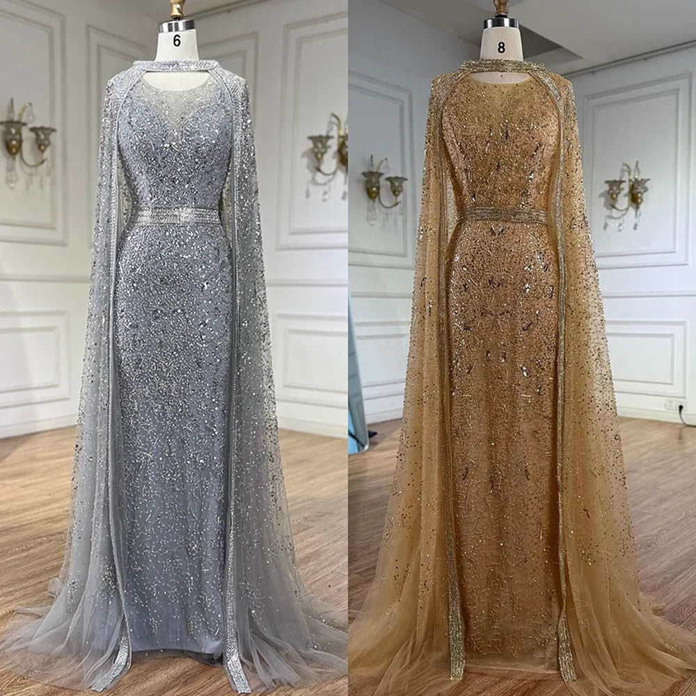 Zapdress Customized 2026 Gray Arabic Mermaid Beaded Evening Dresses With Detachable Long Cape For Formal Occasion (ZD17340)