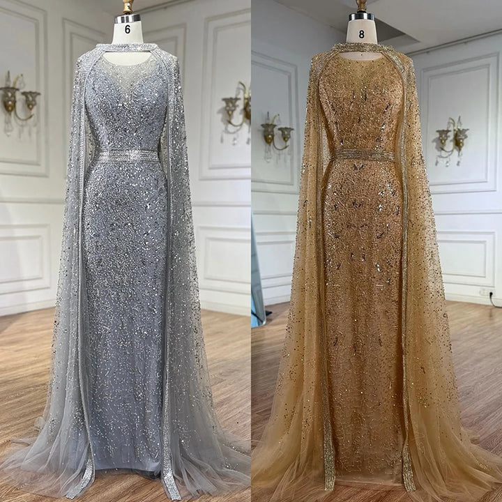 Serene Hill  Customized 2026 Gray Arabic Mermaid Beaded Evening Dresses With Detachable Long Cape For Formal Occasion DLA72180