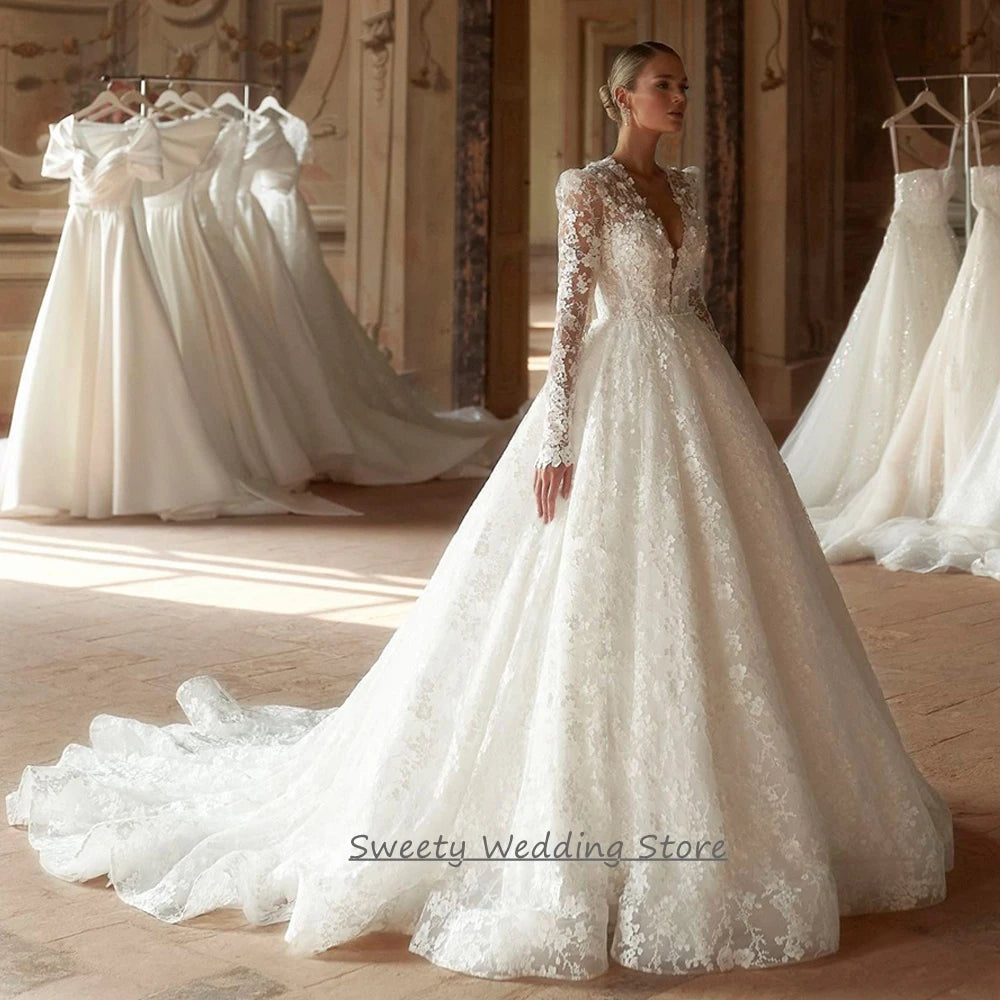 Luxury Lace Wedding Dress Vestido De Noiva Customized Long Sleeves V Neck Court Train A Line Bridal Gown Bride Dresses