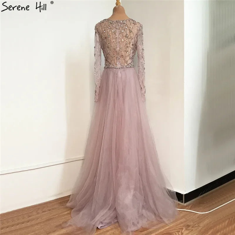 Zapdress Lilac V-Neck Long Sleeves Mermaid Beaded Evening Dress Detachable Overskirt Party Gown for Women (ZD17366)