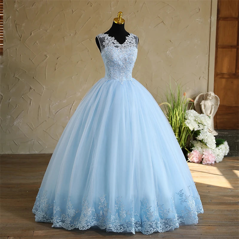 Spring New Sky Blue Quinceanera Dresses Sleeveless V-neck For Party Sweet Ball Gown Lace Appliques Prom Dress Customize Vestido