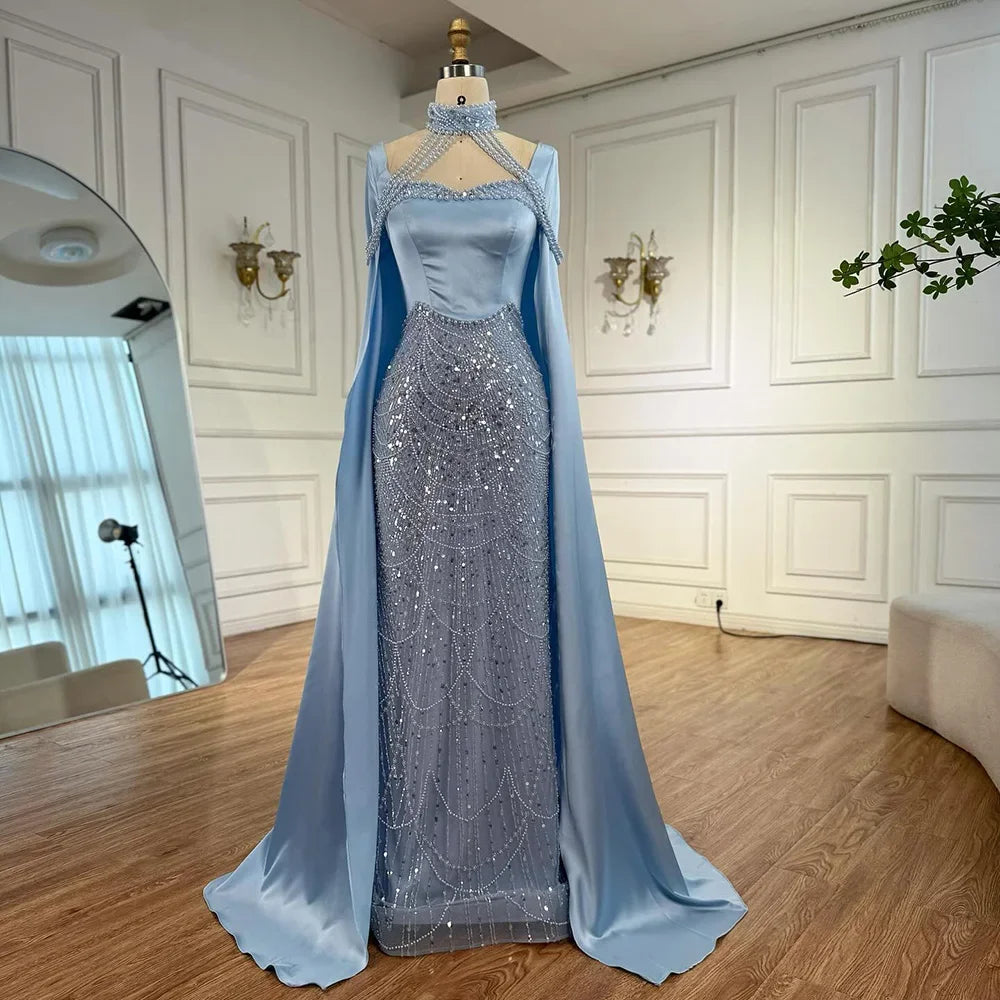 Zapdress DLA73051 Pearls Beaded Blue Mermaid Evening Dress with Cape 2025 Elagent Party Gowns for Women Customized (ZD17378)