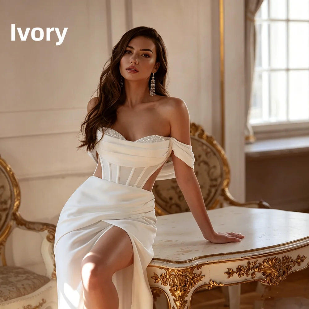 Off Shoulder Satin Mermaid Wedding Dress Corset Side Cut High Slit Chapel Bridal Gown Custom Made Vestido De Novia Robe De Novia