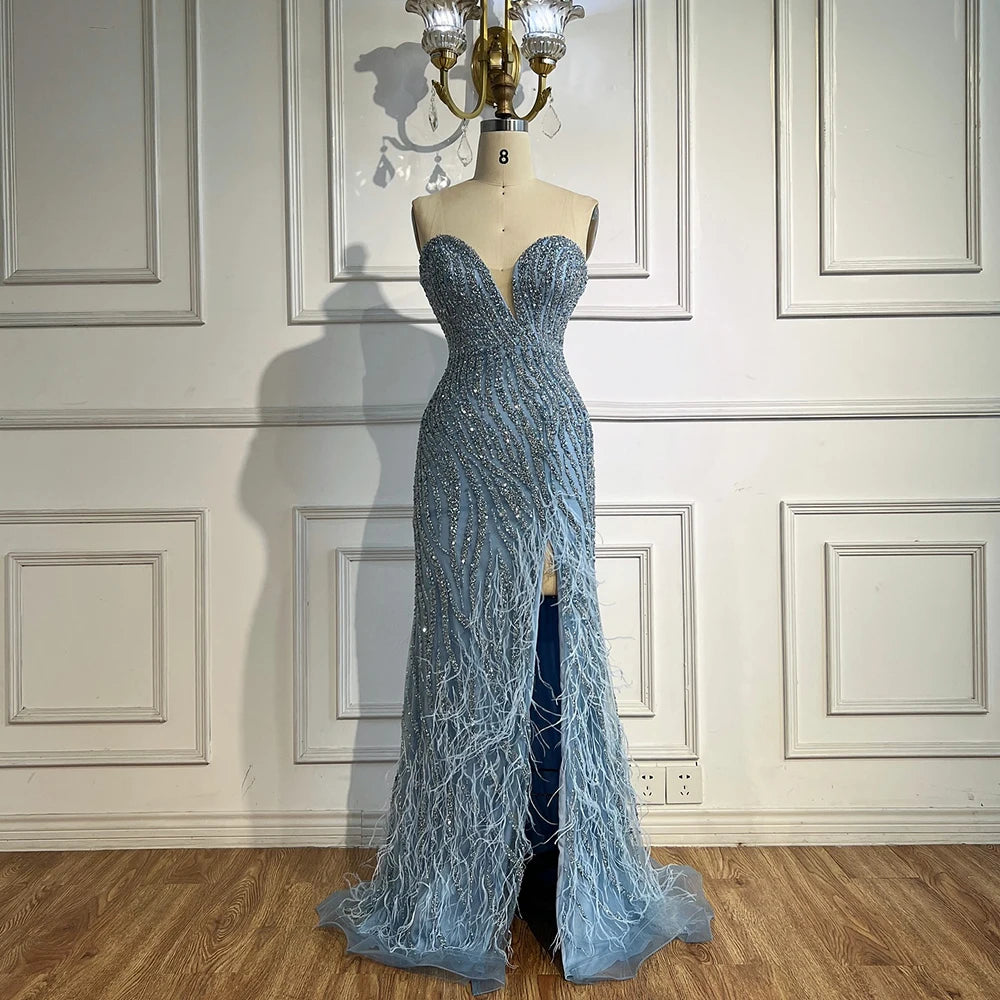 Zapdress Customized 2025 Strapless Blue Luxury Beaded Feathers Slit Open Evening Party Gowns for Women (ZD17371)