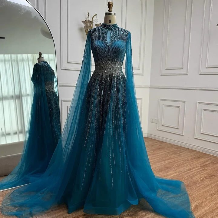 Elegant Modest Blue Beaded Evening Dress with Cape Sleeves Dubai Gown Zapdress 2025 Customized DLA73059
