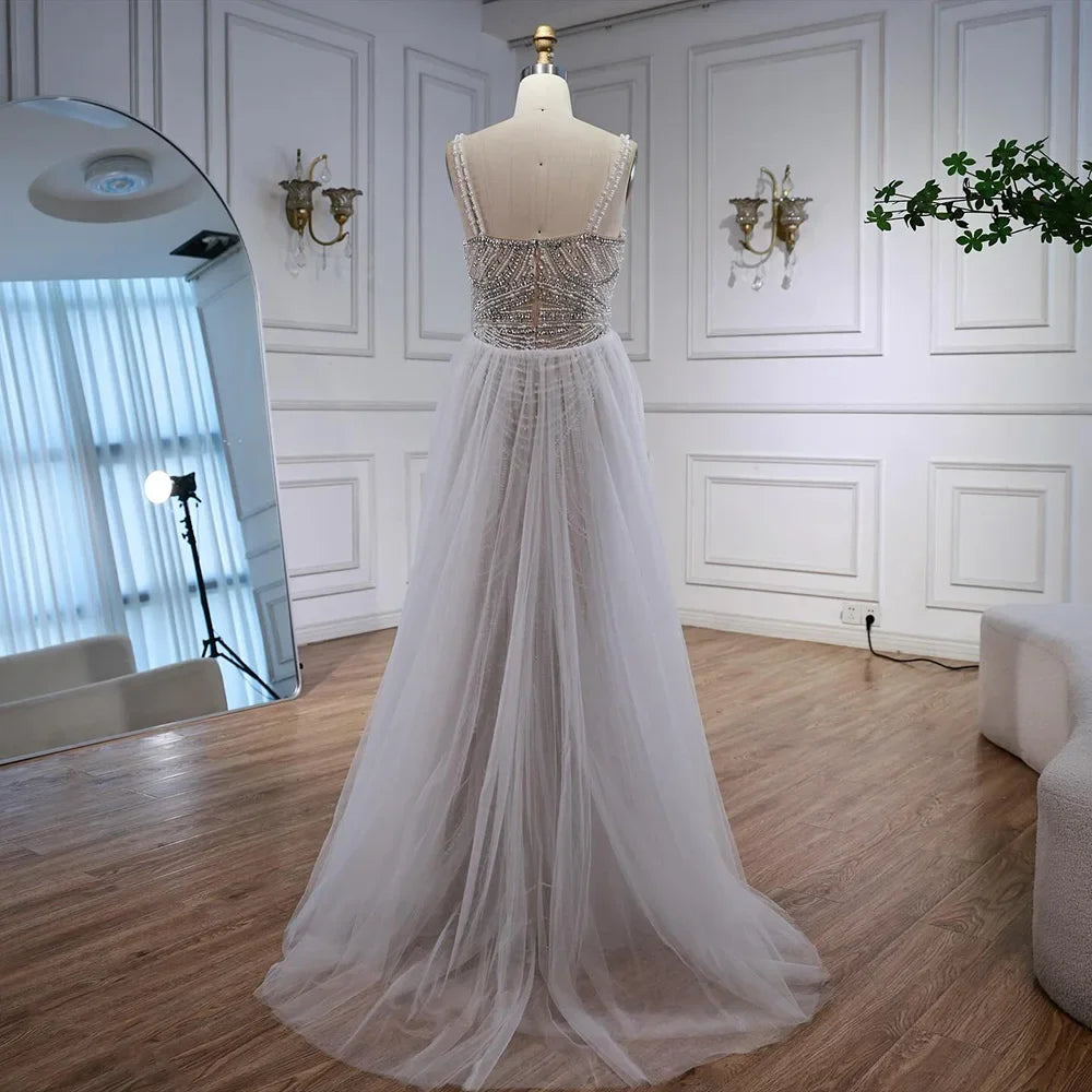 Zapdress White Nude V-neck Sleeveless Mermaid Beaded Evening Dress with Overskirt Wedding Party Gowns DLA72253A Customized (ZD17367)