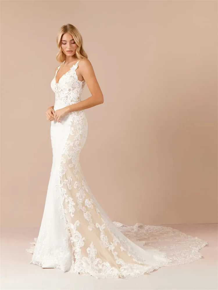 Customized Thin Straps Sweetheart Neckline Satin Mermaid Wedding Dress Sexy Zipper Back Floor Length Sweep Train Gown For Women