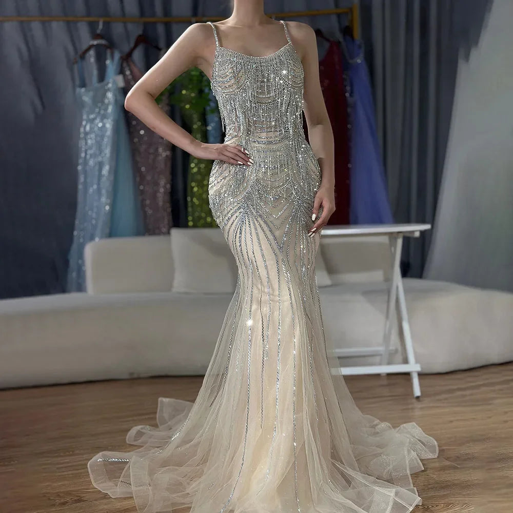 Zapdress 2025 Elegant Silver Nude Spaghetti Strap Mermaid Evening Dress with Beaded Tassels for Party DLA72772 Customized (ZD17325)