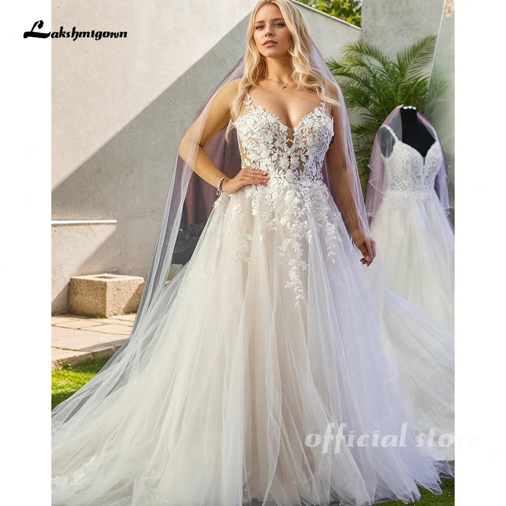 Lakshmigown Flowy A Line Tulle V Neck Wedding Dress With Custom Made Beach Bridal Gown