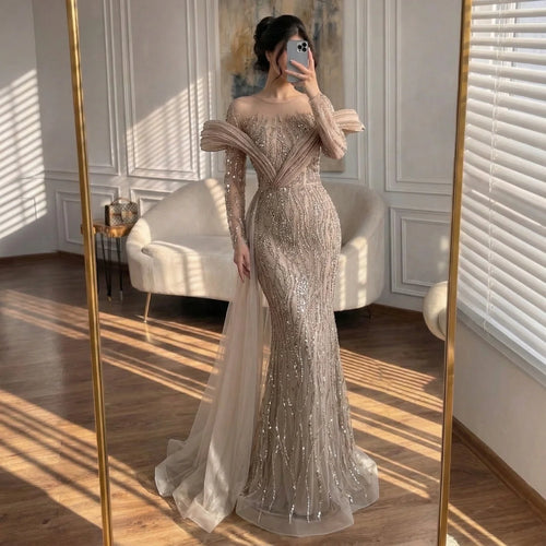 Zapdress Pink Long Sleeves Mermaid Beaded Evening Dresses Elegant Wedding Party Gowns for Women Customized (ZD17195)
