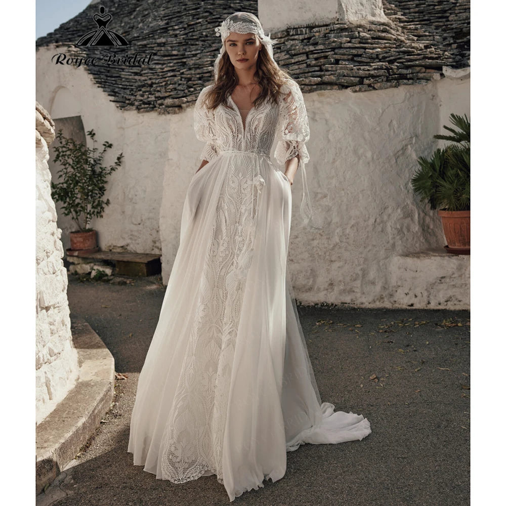Roycebridal Bohemian Lace & Chiffon A-Line Wedding Dress Puff Sleeves Pockets Bridal Gown Vestido De Novia Boda 2026 Customized