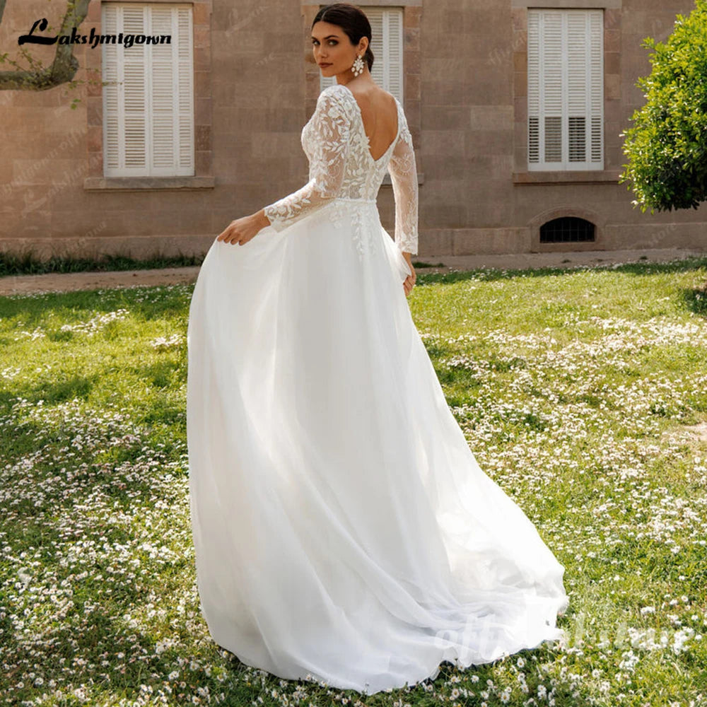 ZapDress Lace V-Neck Chiffon Wedding Dress for Women A-Line Sweep Train Backless Vestidos De Novia  Customized