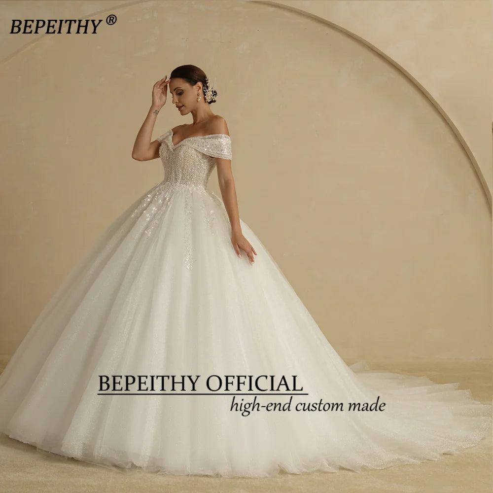 BEPEITHY Customized Plus Size Princess Wedding Dresses 2026 For Bride Off Shoulder Sleeveless Women Glitter Ball Bridal Gown