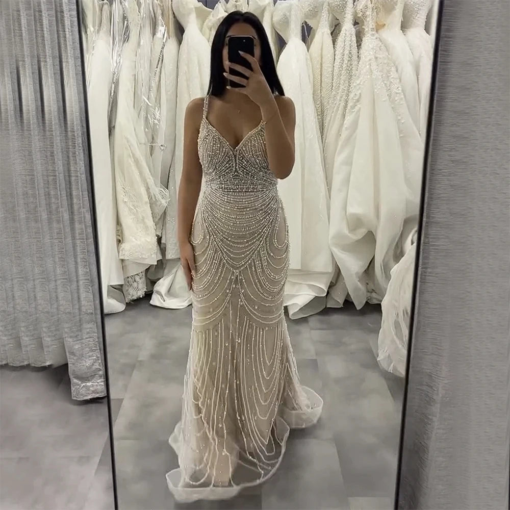 Zapdress White Nude V-neck Sleeveless Mermaid Beaded Evening Dress with Overskirt Wedding Party Gowns DLA72253A Customized (ZD17367)