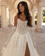 Fashion Full Lace Wedding Dress 3/4 Sleeve Strapless Gown with Front Split Custom Made Vestido De Noiva