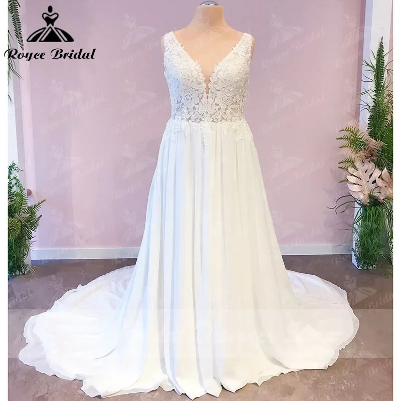 ZapDress Plus Size Wedding Dress A Line V Neck Tank Lace Appliques Chiffon Wedding Party Gowns Bride Gown Customized