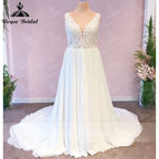 ZapDress Plus Size Wedding Dress A Line V Neck Tank Lace Appliques Chiffon Wedding Party Gowns Bride Gown Customized