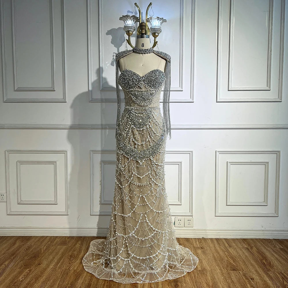 Zapdress Nude Strapless Mermaid Pearls Beaded Evening Gowns Luxury Party Dress with Tassel DLA72876 Customized (ZD17335)