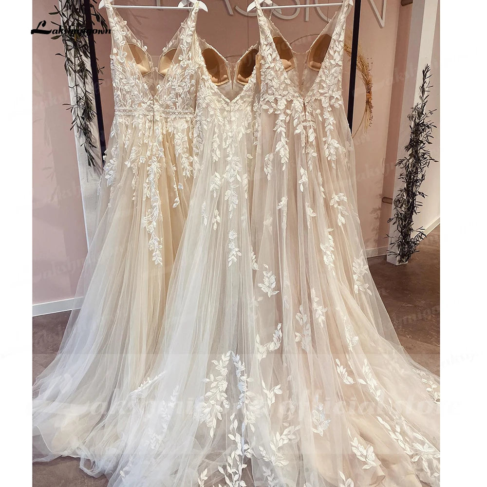 ZapDress V Neck Lace Appliques Wedding Dresses Customized Champagne Bridal Gowns A Line Wedding Gown Estido De Noiva Praiano