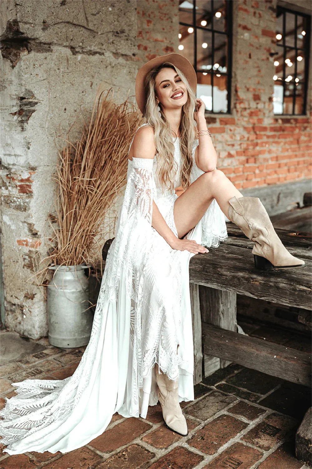 Customized Cold Shoulder Bell Sleeve Wedding Dress Bohemian Side Slit Bridal Dress with Train Bridal Gown for Wedding Occasions