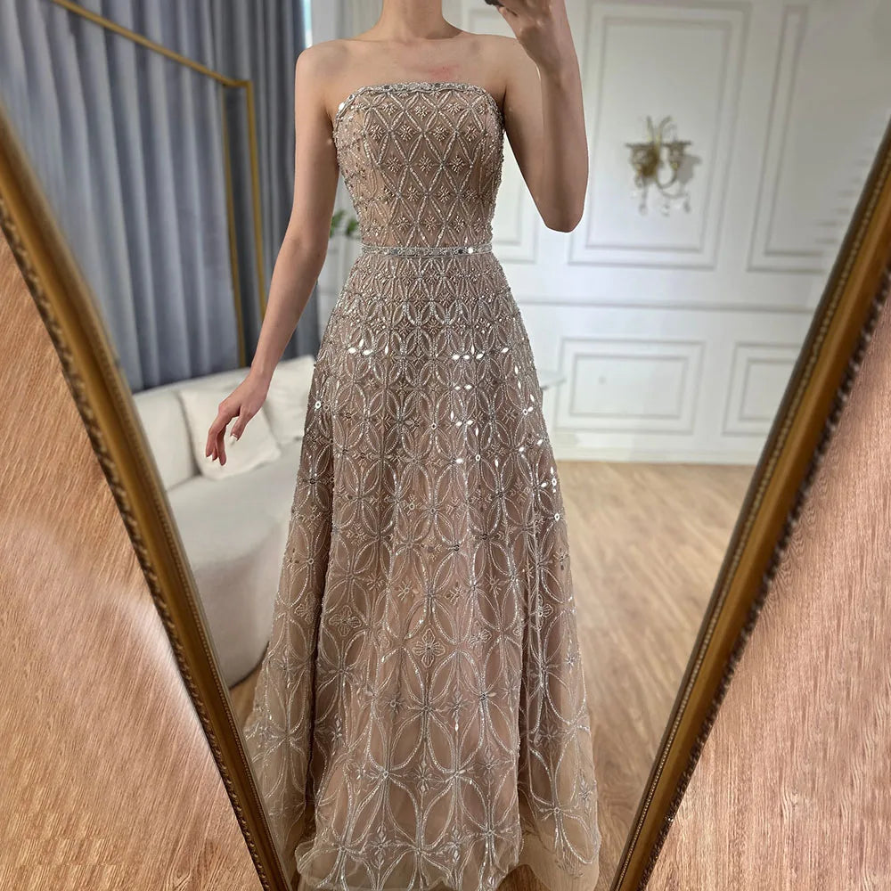Zapdress Customized 2026 Caramel Strapless A Line Beaded Evening Prom Dresses Elegant Party Gowns for Women (ZD17386)