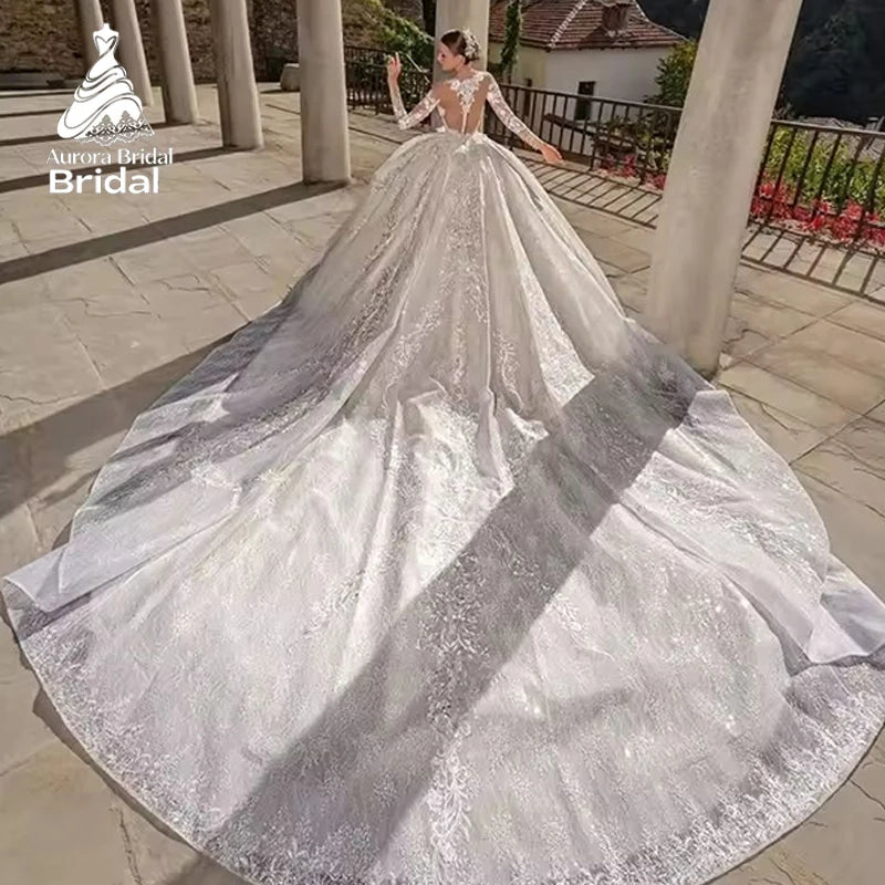 Aurora Customized Princess Vintage Puffy A Line Wedding Dress With Lace Appliques Long Sleeves Bridal Gowns Robe De Marie