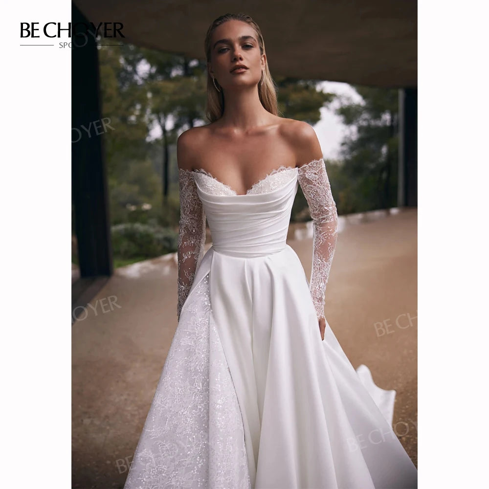 Off the Shoulder A-Line Wedding Dress 2026 Appliques Long Sleeve Customized Bride Gown Princess BECHOYER EL350 Vestido De Noiva