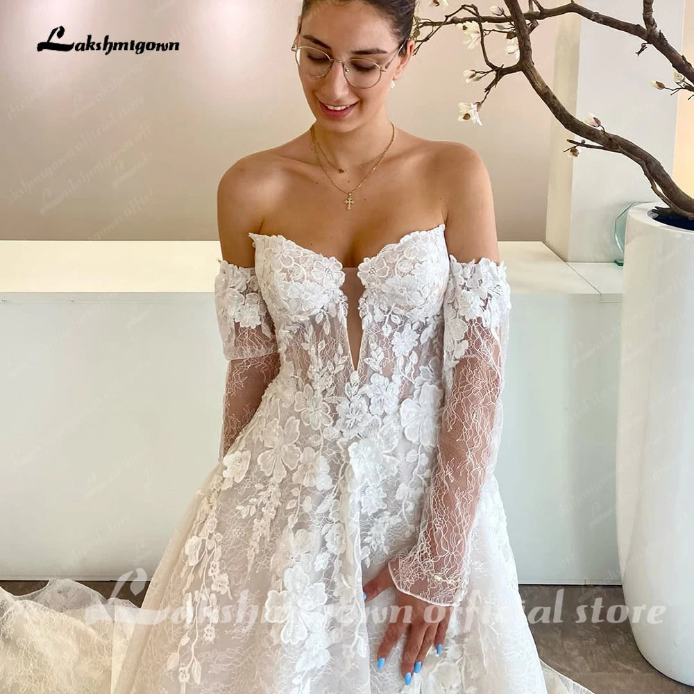 ZapDress Off the Shoulder Long Removeable Sleeves Sweethert Full Lace Bridal Grown A Line Wedding Dresses Customized