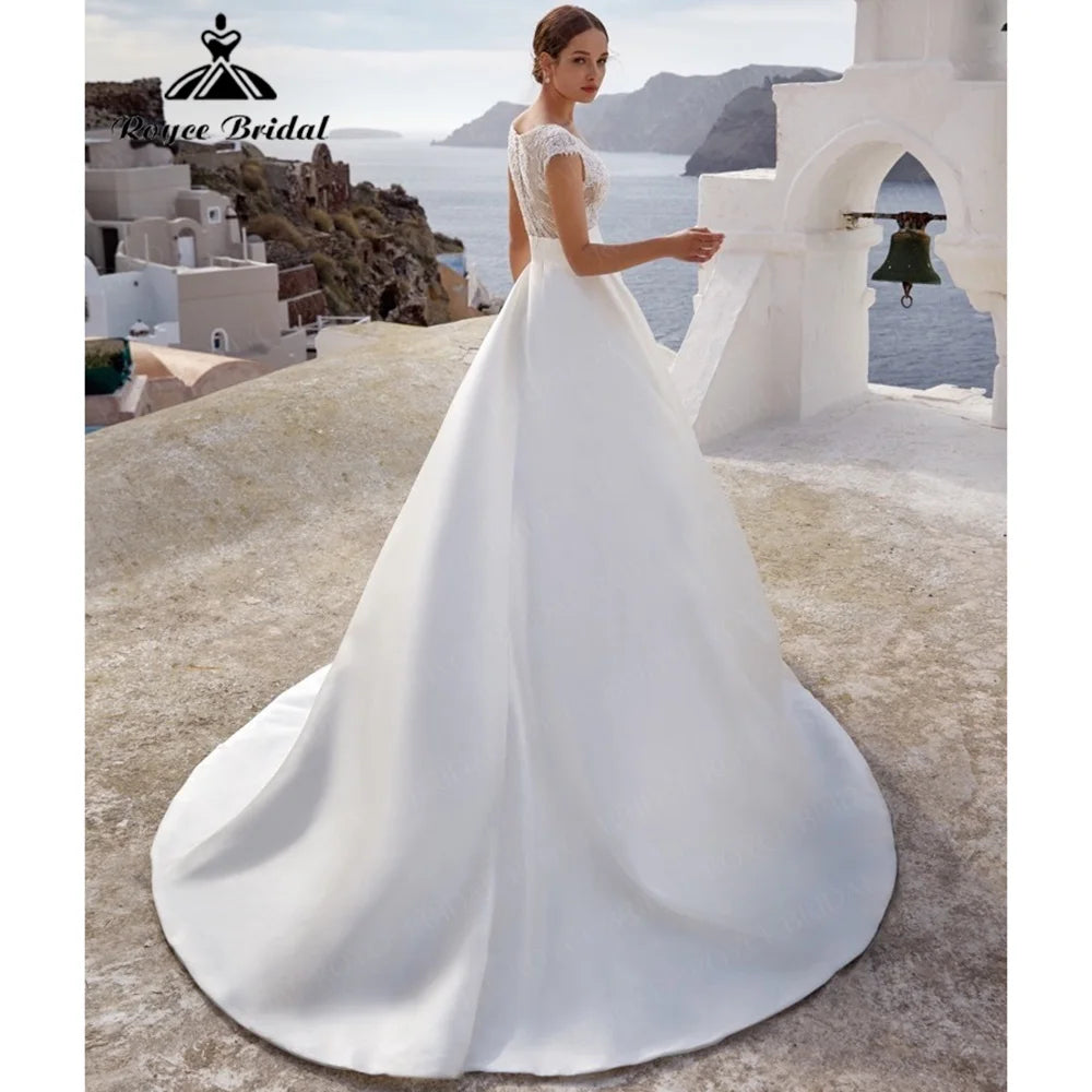 Roycebridal Ballgown Wedding Dress V-Neck Lace Cap Sleeve 2026 novias vestidos Illusion Bridal Gowns Chapel Train Customized