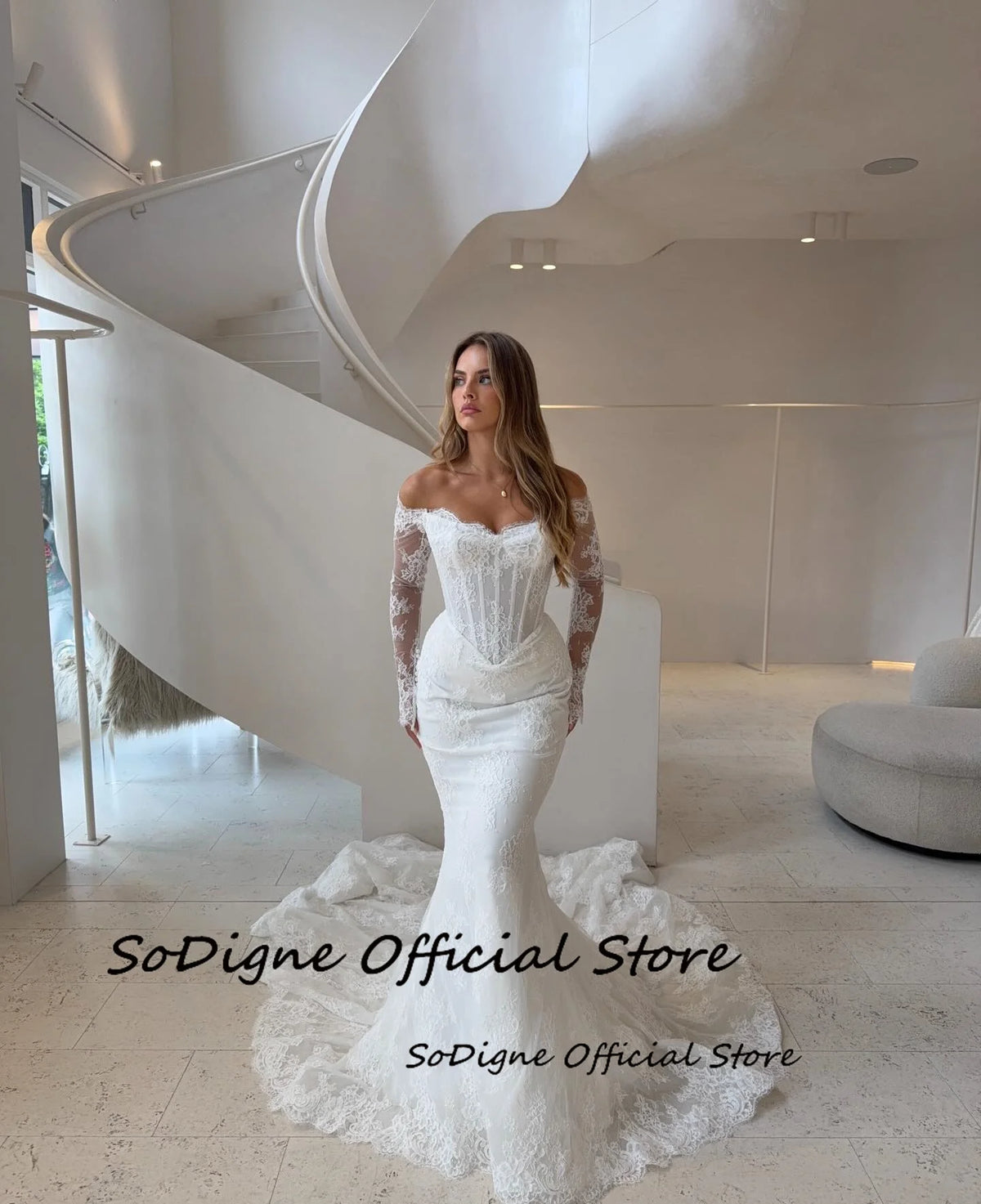 SoDigne Mermaid Lace Wedding Dress Off Shoulder Long Sleeves Bride Dresses Long Bridal Gowns Vestidos De Novia Customized