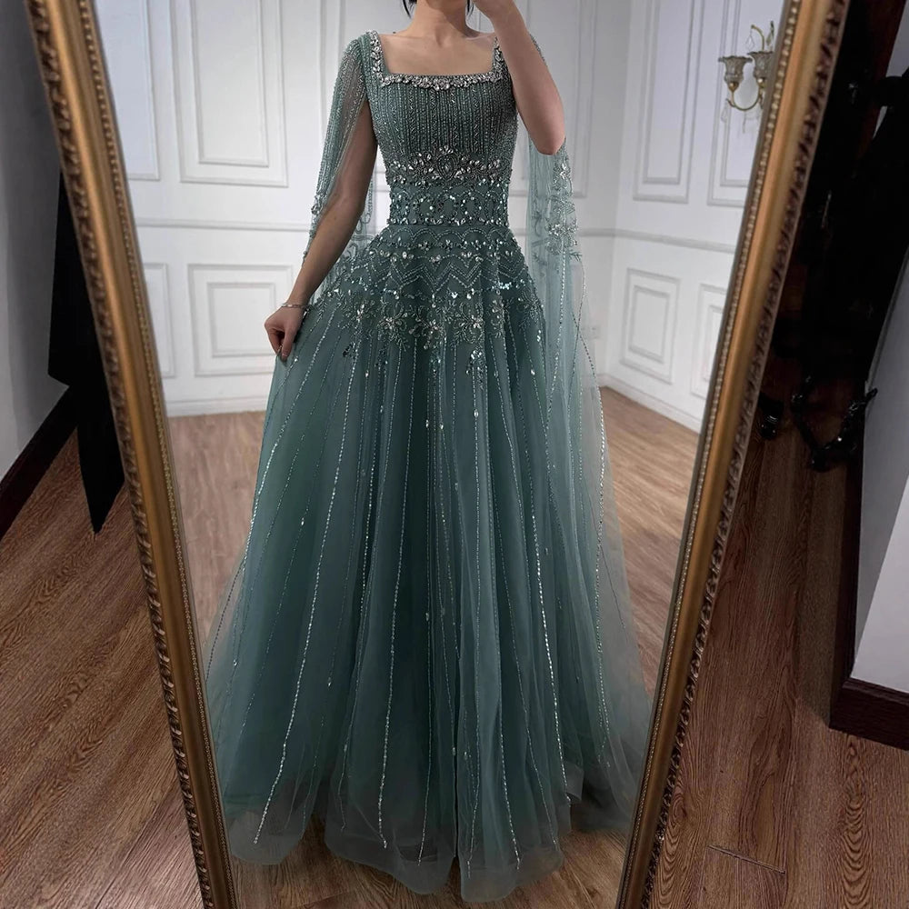 Serene Hill Red Square Collar A-Line Beaded Evening Dress with Cape Sleeves 2026 Party Gowns for Women DLA73089A Customized
