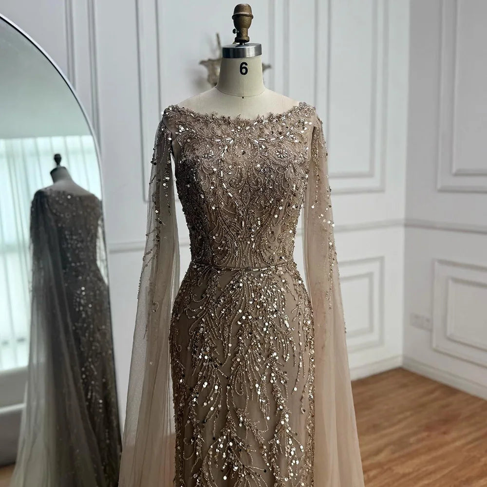 Zapdress Customized Caramel O-Neck Mermaid Evening Dress with Cape Sleeve 2026 Wedding Party Gowns for Women (ZD17364)