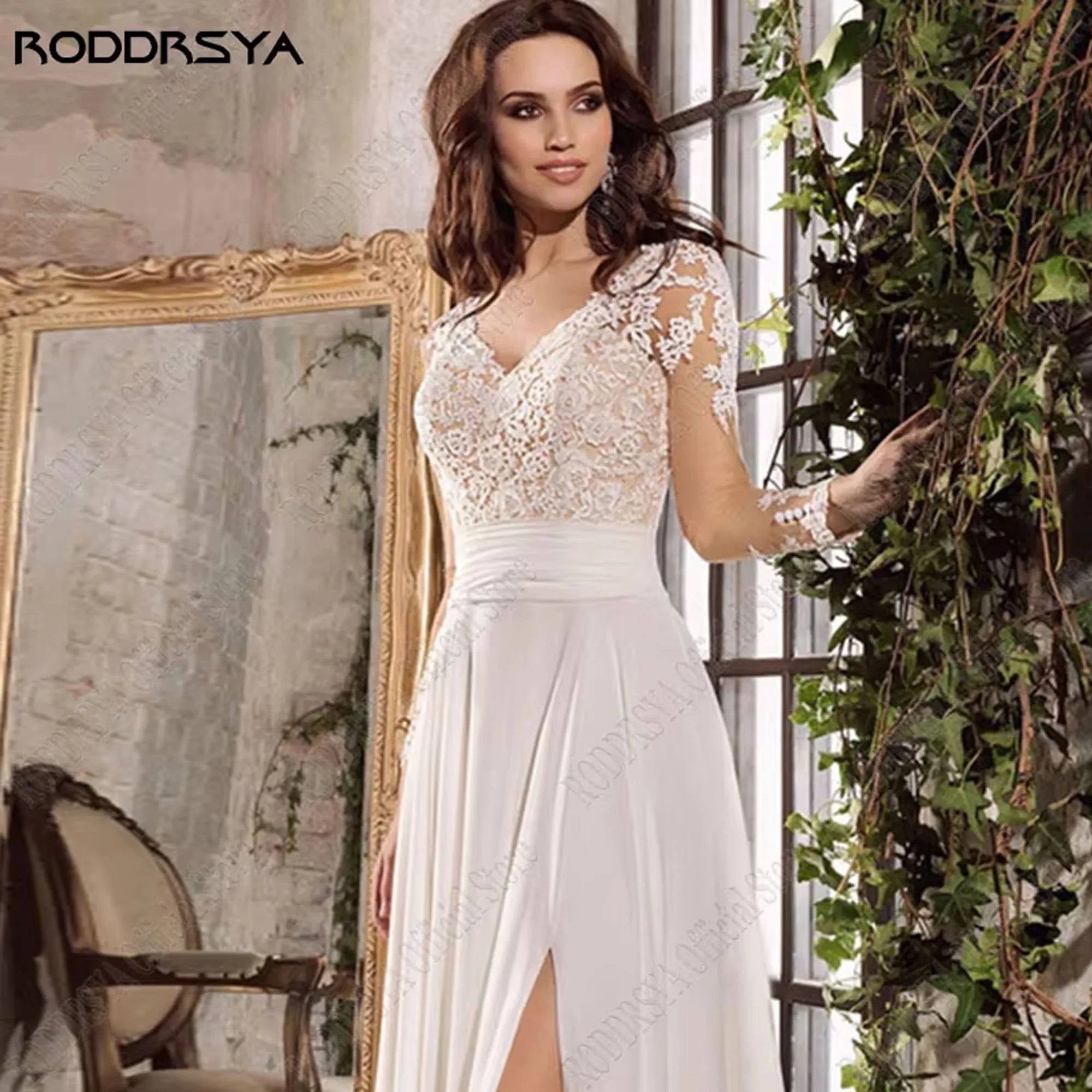 RODDRSYA Wedding Dress Chiffon A line Split Long Sleeve Appliques V Neck Boho Bridal Gowns Backless vestidos de novia Customized