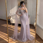 Serene Hill 2026 Pearl Beaded Mermaid Caramel Evening Dresses Elegant Formal Party Gown with Sheer Cape Customized DLA73148C