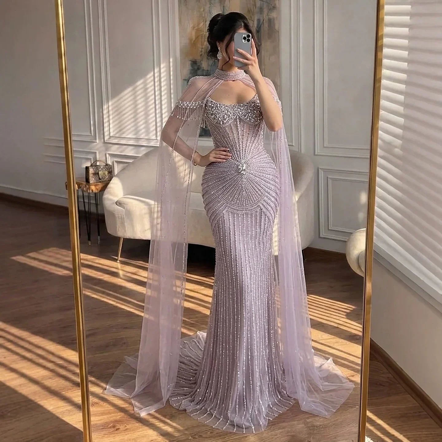 Serene Hill 2026 Pearl Beaded Mermaid Caramel Evening Dresses Elegant Formal Party Gown with Sheer Cape Customized DLA73148C