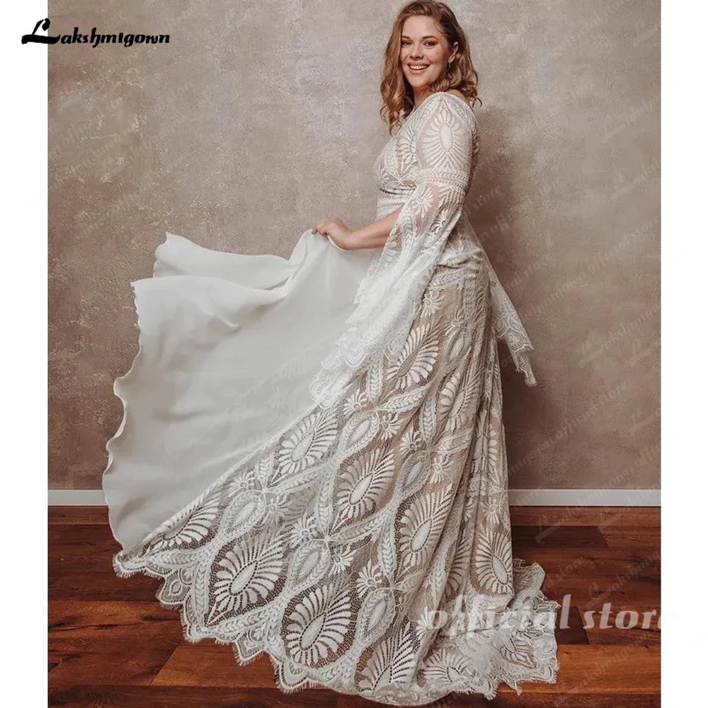 ZapDress Bohemian Boho Wedding Dress Lace Chiffon Long Sleeve Open Back V Neck Plus Size Vestidos De Novia Customized